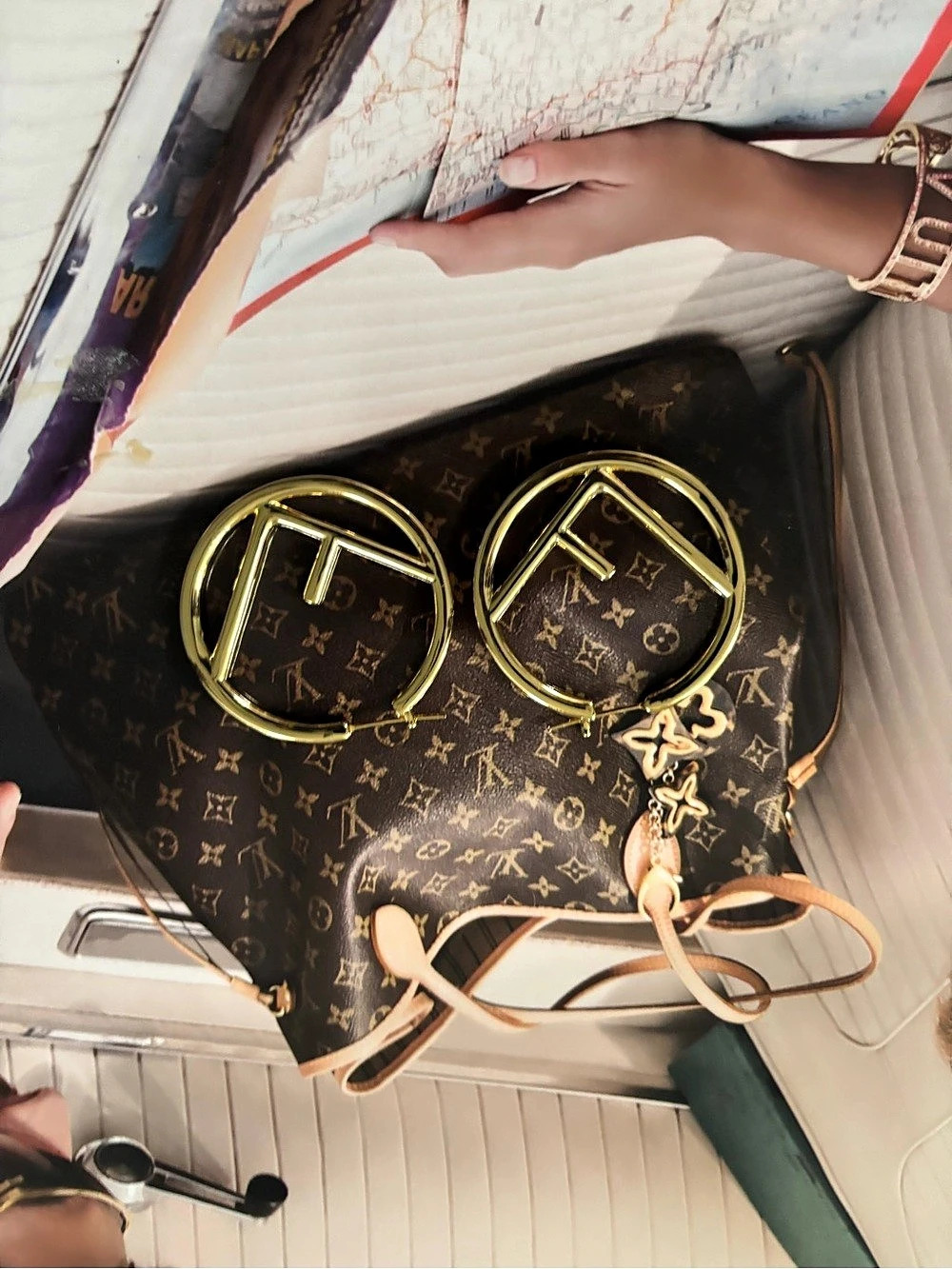 FF Crystal Embellished Gold Hoop Earrings
